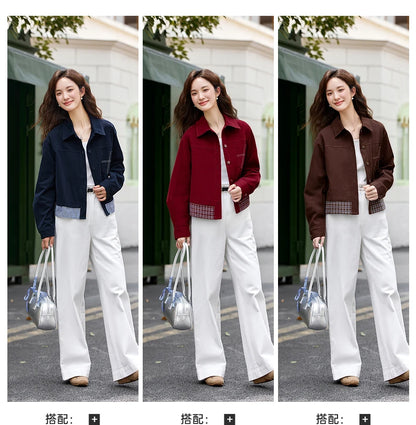 Turn-down collar long-sleeve outerwear for ladies