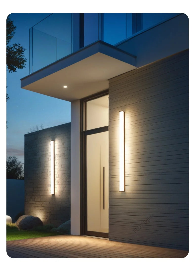 Weatherproof modern LED wall sconce for outdoor spaces, IP65, long-strip style