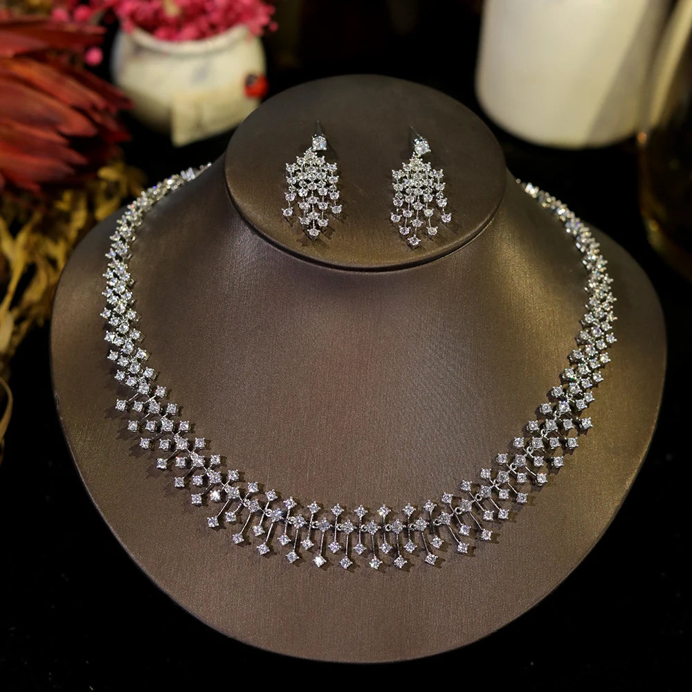 ASNORA CZ Bridal Necklace Set – Water Drop Wedding Design