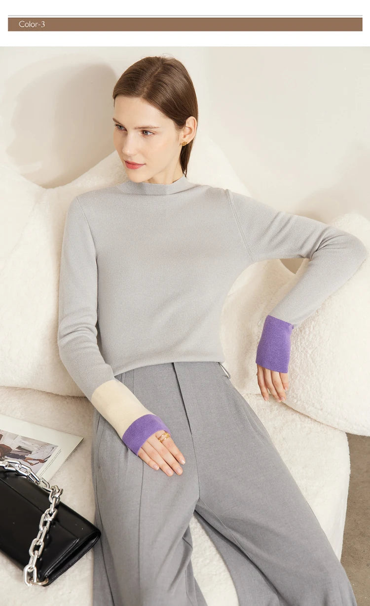 Slim-fit color-contrast pullover minimalist half-high collar sweater