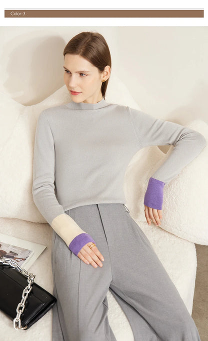 Slim-fit color-contrast pullover minimalist half-high collar sweater