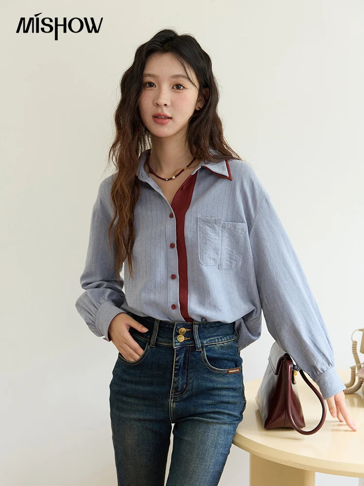 Blue-red contrasting color loose retro top
