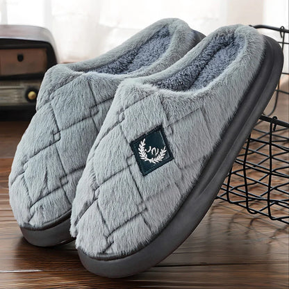Men’s Furry Plaid Winter Slippers — EVA Memory Foam, Plush Lining, Non-Slip Sole