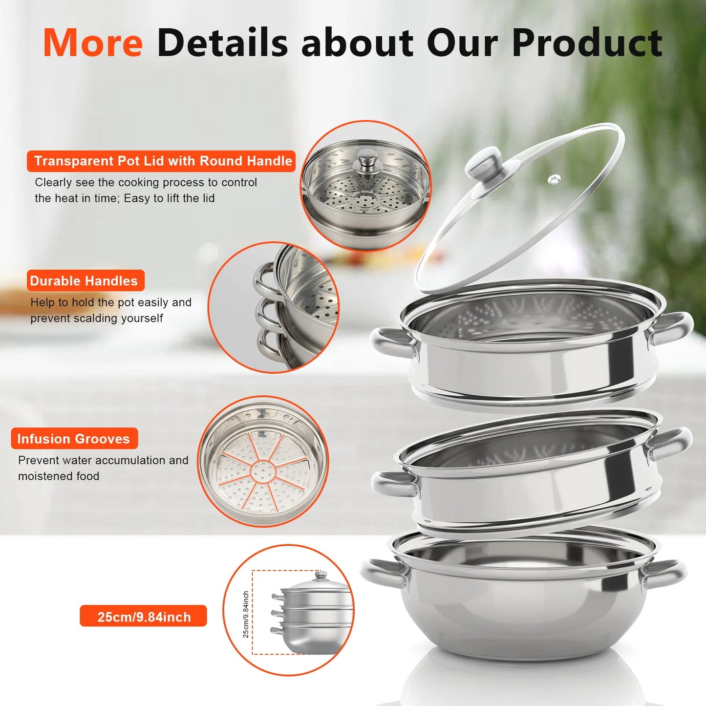 28cm 3-tier stainless steel food steamer for vegetables and large pots