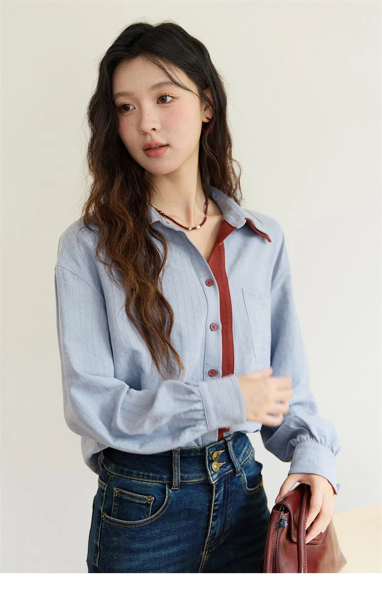 Blue-red contrasting color loose retro top
