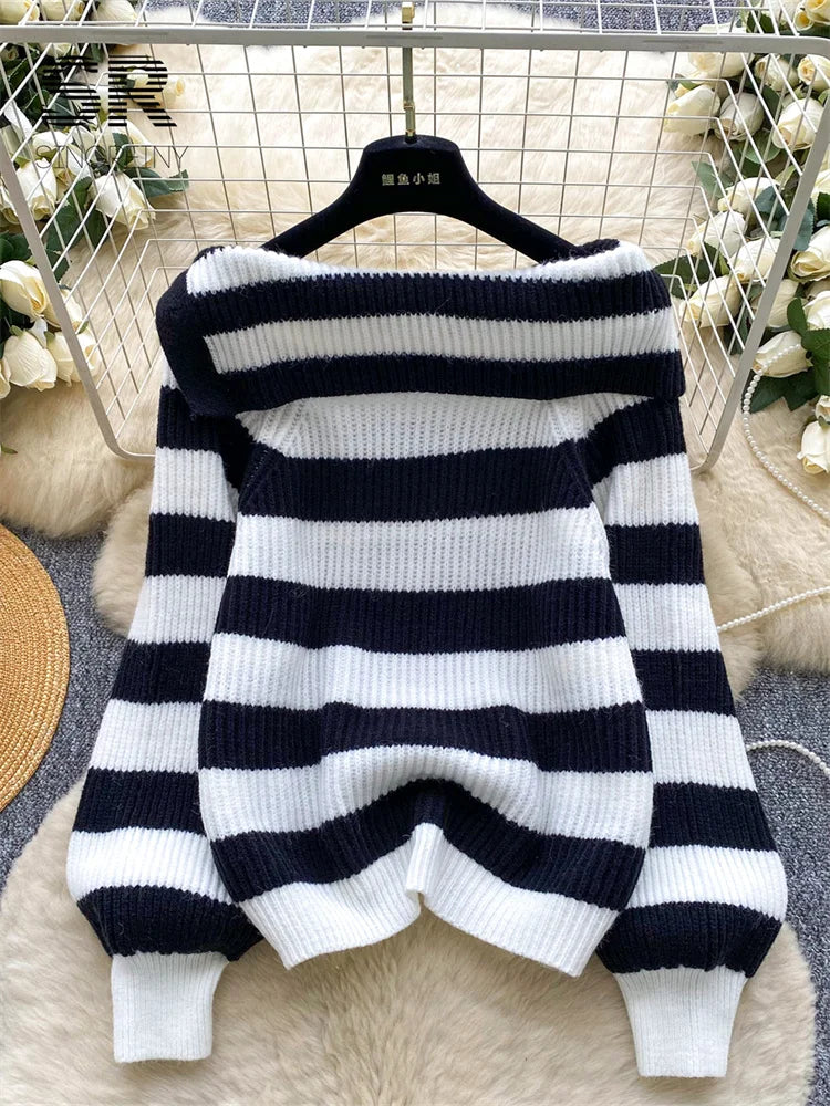 Chic stripe off-shoulder sweater with buttons