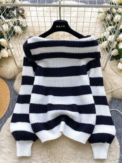 Chic stripe off-shoulder sweater with buttons