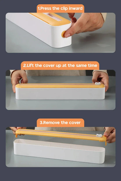 Foil and film storage box with built-in blade
