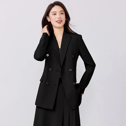 College-style blazer and pleated skirt outfit