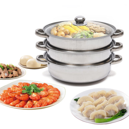 28cm 3-tier stainless steel food steamer for vegetables and large pots