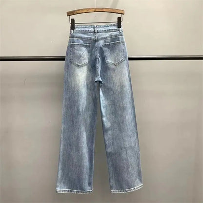 Loose straight-leg floor-length jeans with letter embroidery