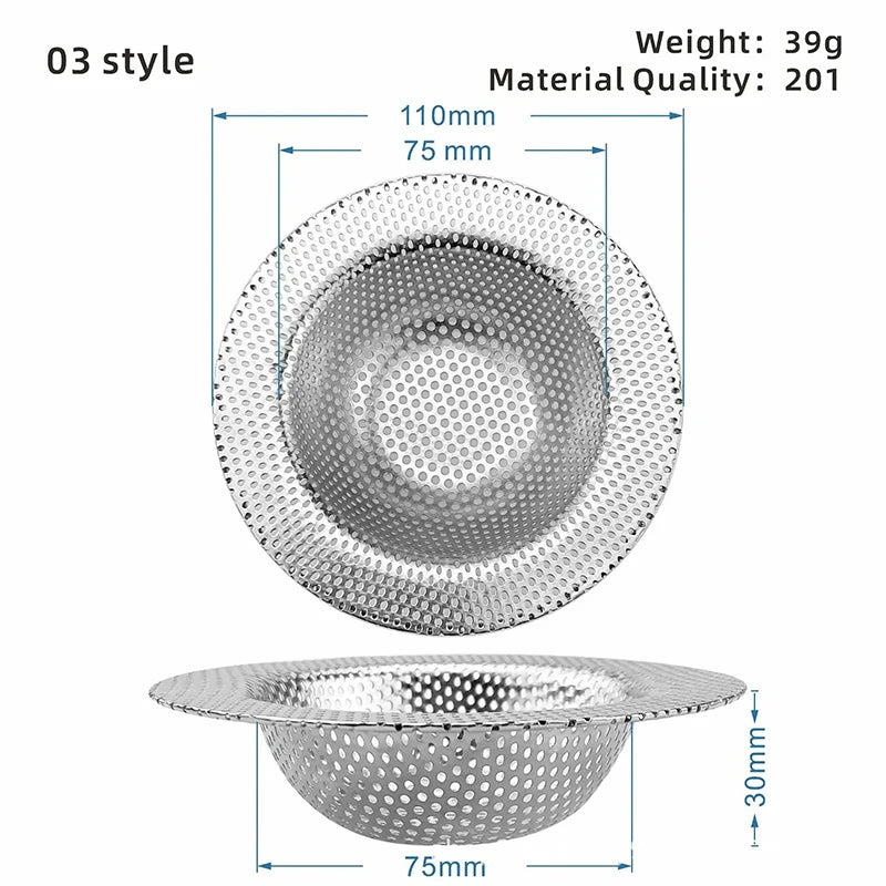 Durable stainless steel drain filter with fine mesh design; fits most sink drain holes