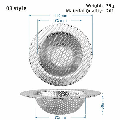 Durable stainless steel drain filter with fine mesh design; fits most sink drain holes