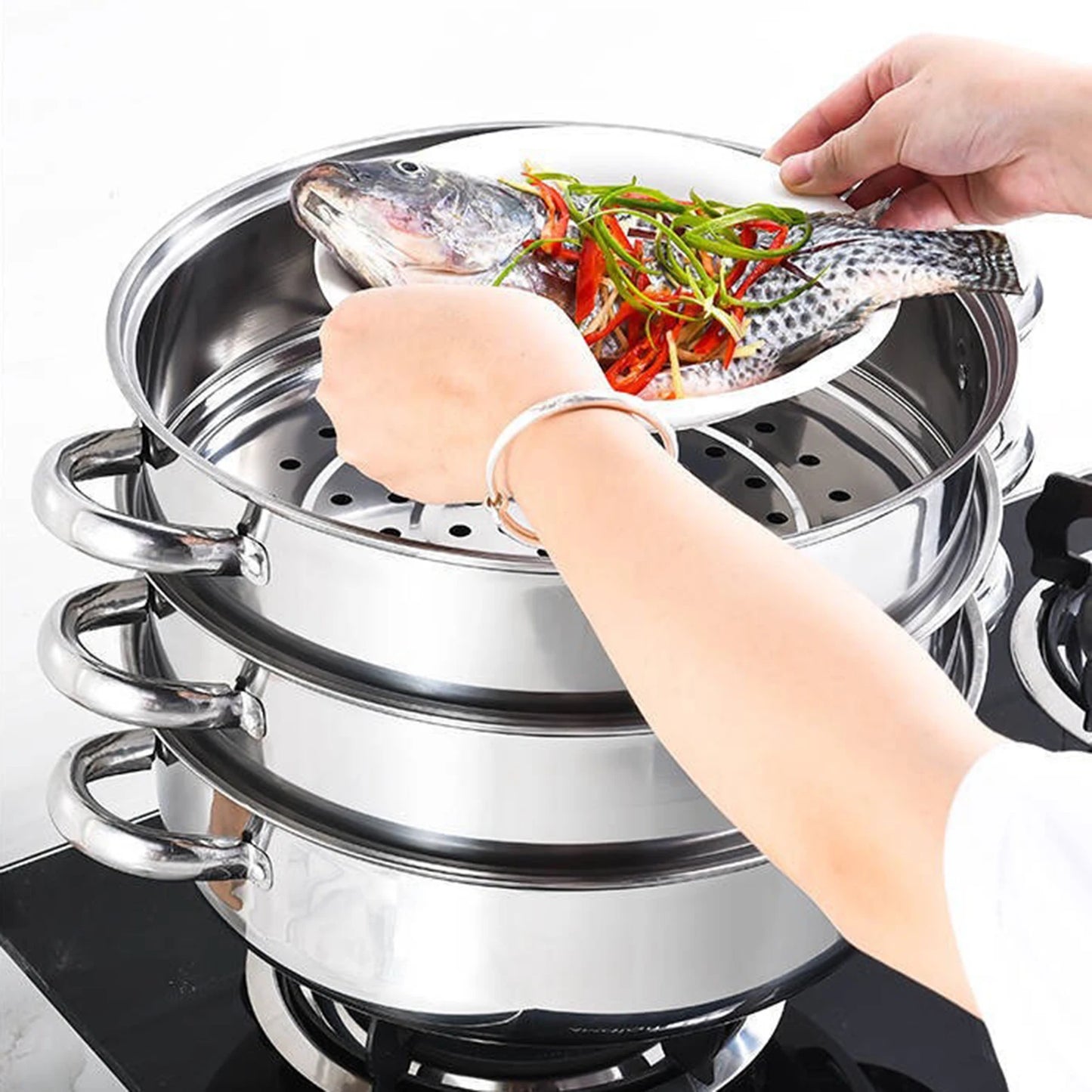 28cm 3-tier stainless steel food steamer for vegetables and large pots