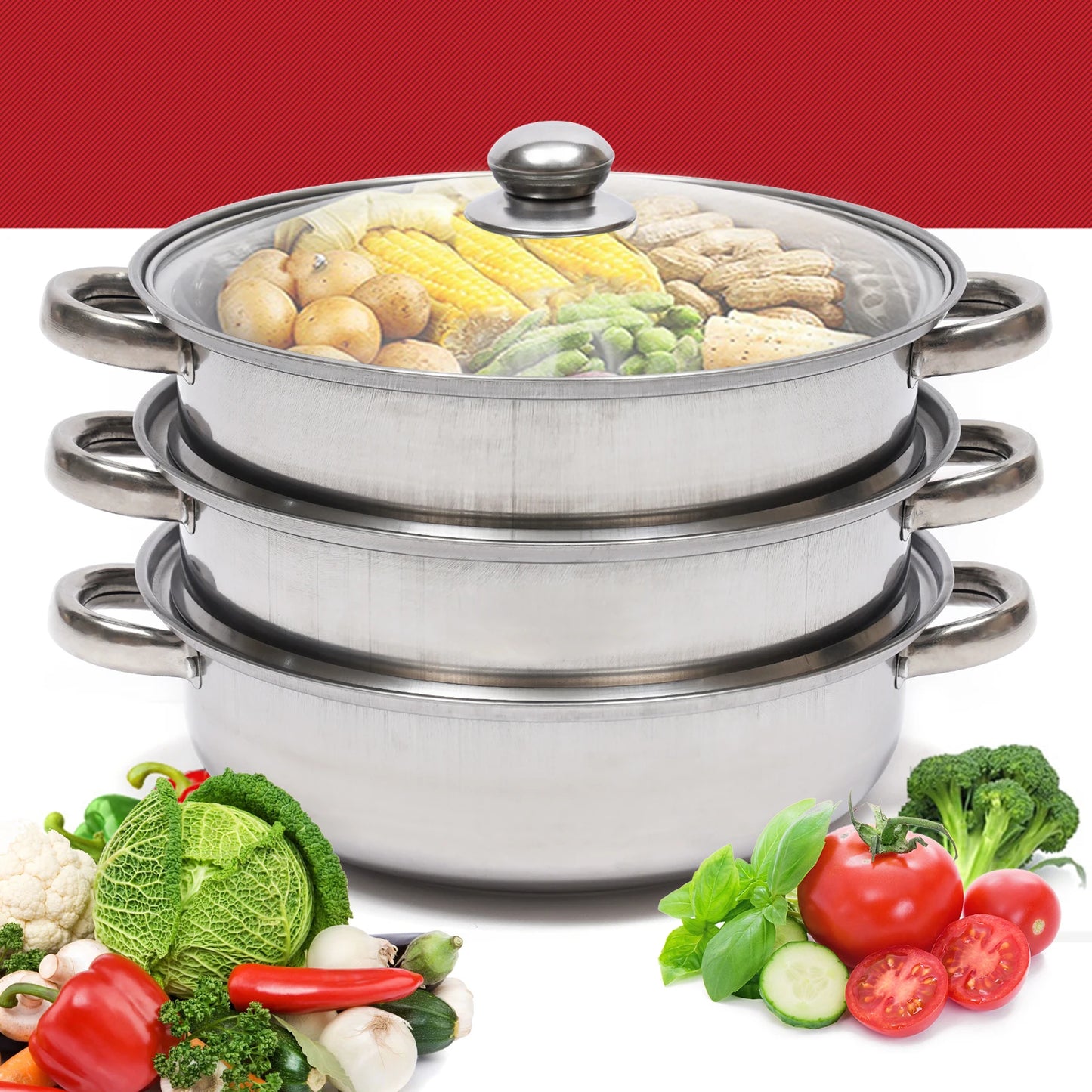 28cm 3-tier stainless steel food steamer for vegetables and large pots