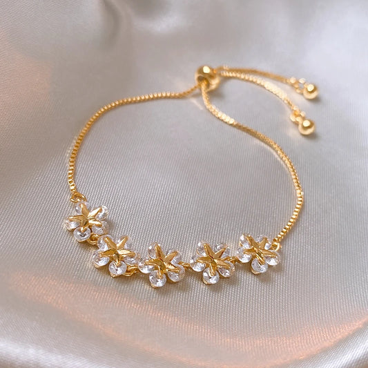 Rhinestone Charm Bracelet – Stars & Flowers, Gold Adjustable Bangle