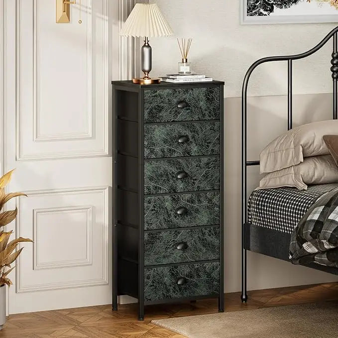 Industrial-style tall dresser with 6 drawers and fabric storage—ideal for bedrooms or dorm rooms