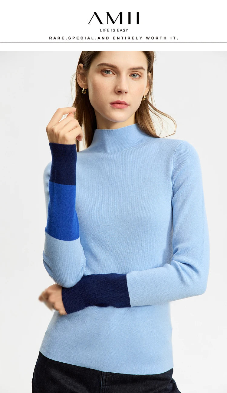 Slim-fit color-contrast pullover minimalist half-high collar sweater