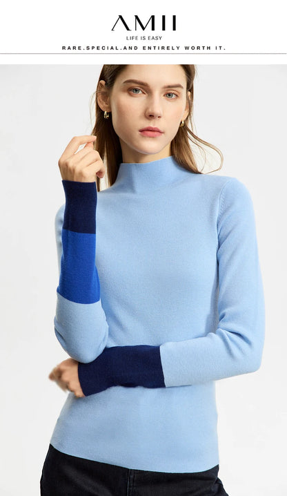 Slim-fit color-contrast pullover minimalist half-high collar sweater