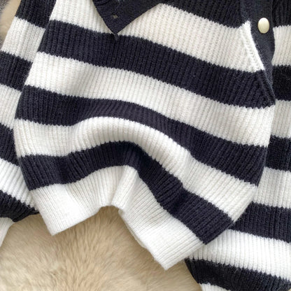 Chic stripe off-shoulder sweater with buttons