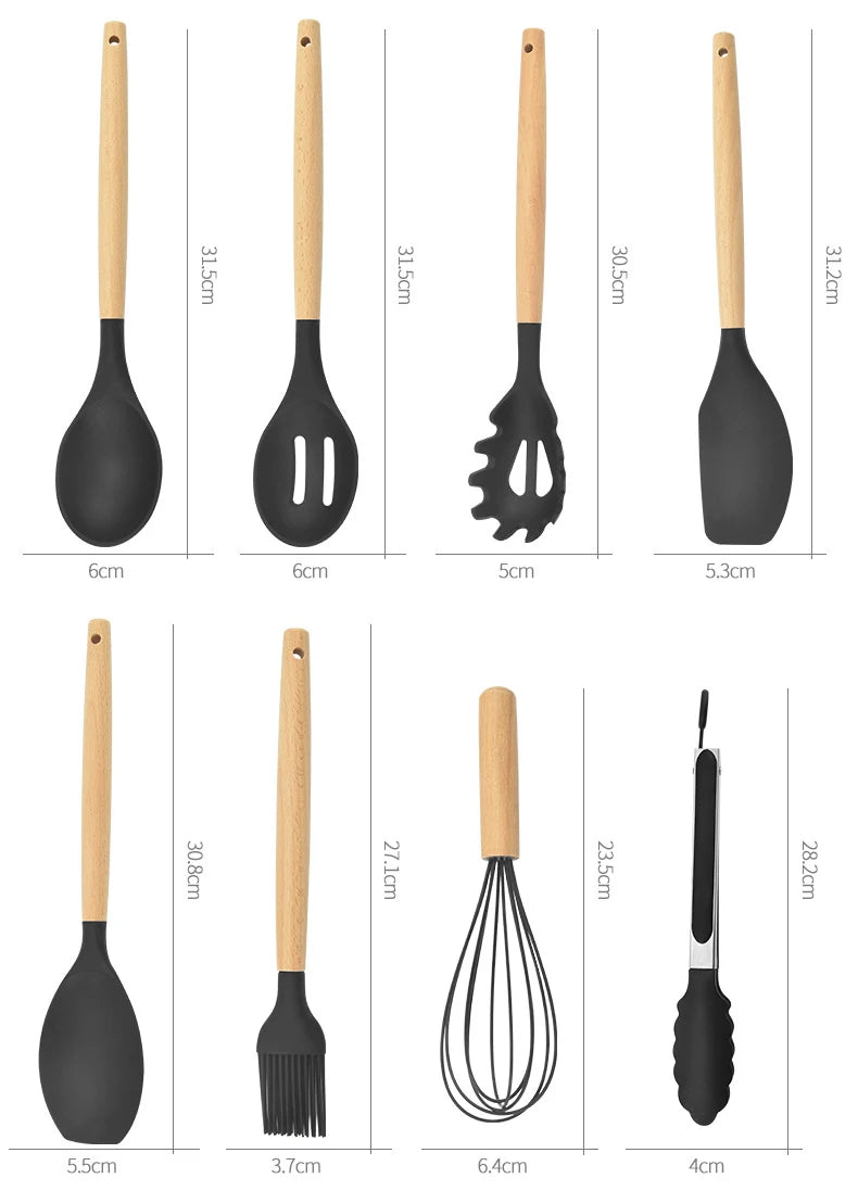 12-piece silicone kitchen utensil set with wooden handles—non-stick safe
