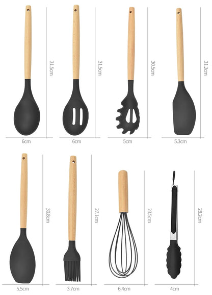 12-piece silicone kitchen utensil set with wooden handles—non-stick safe