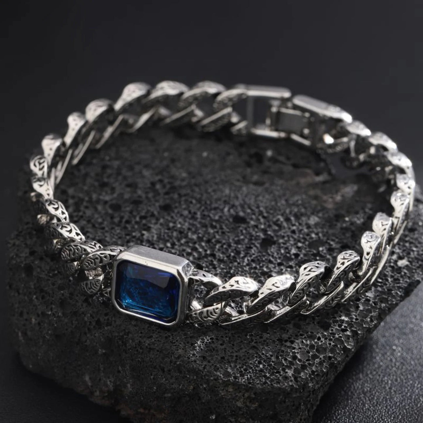 Men’s chunky Cuban chain bracelet with blue stone