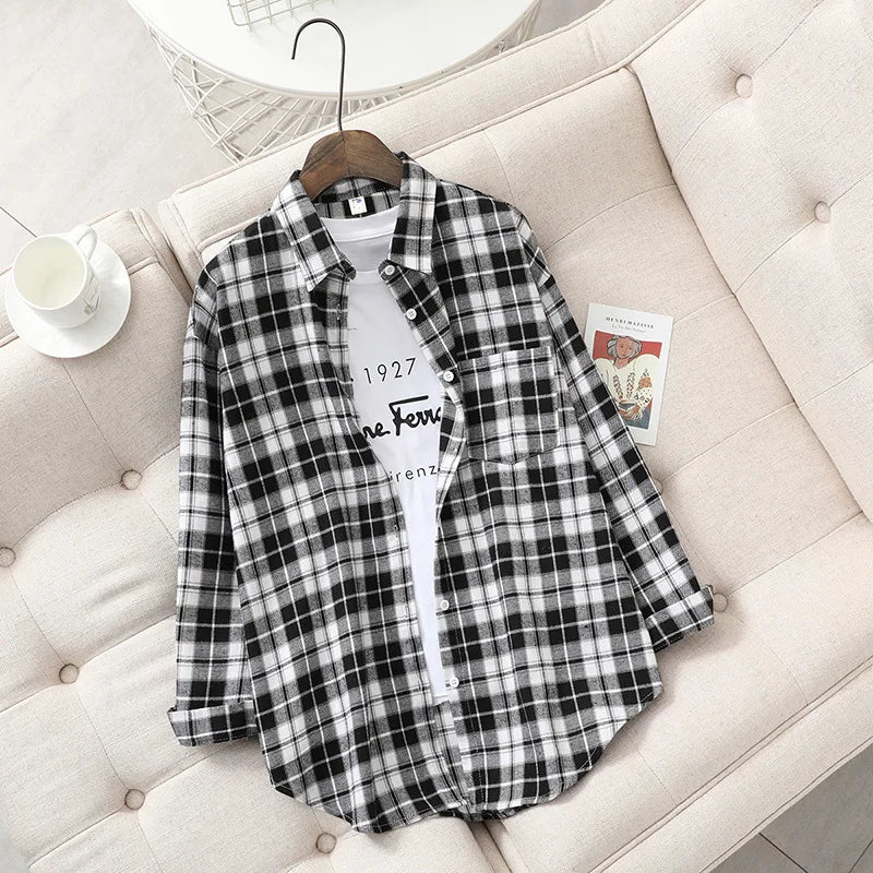 Women’s loose plaid shirt long-sleeve casual checked blouse