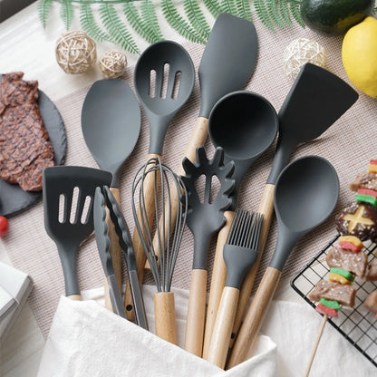 12-piece silicone kitchen utensil set with wooden handles—non-stick safe