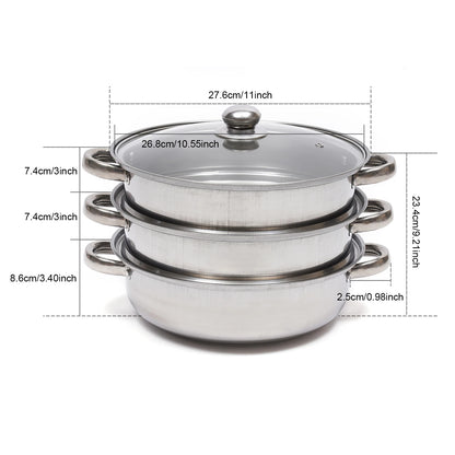 28cm 3-tier stainless steel food steamer for vegetables and large pots