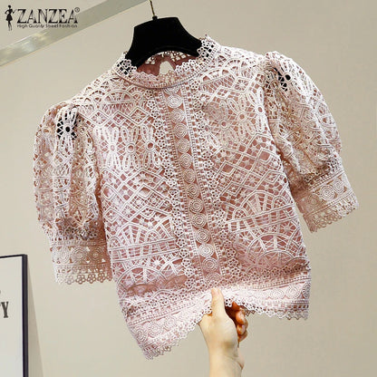 Casual loose hollow-out half puff sleeve top