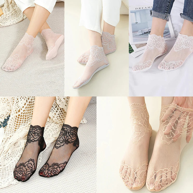 5 Pairs Women’s Lace Invisible Socks – Thin Non-Slip Boat Socks