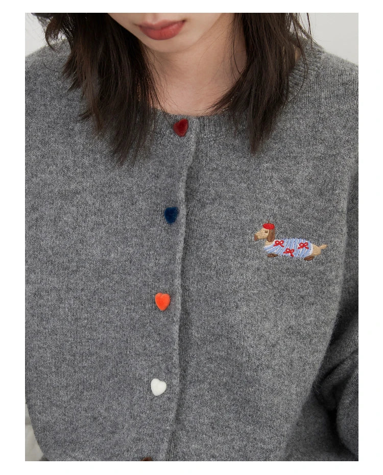 Casual knitted sweater with dog embroidery