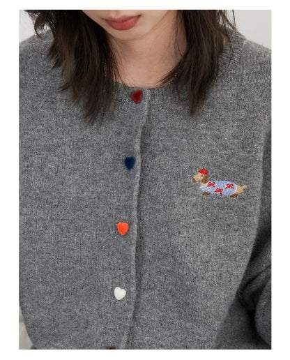 Casual knitted sweater with dog embroidery