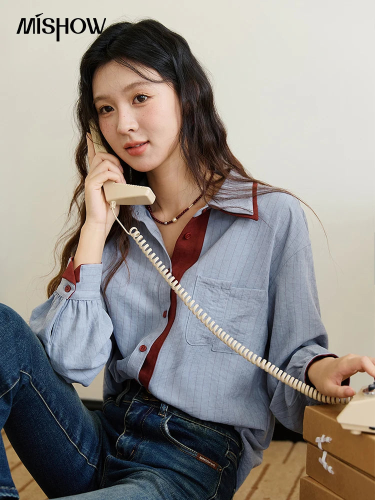Blue-red contrasting color loose retro top