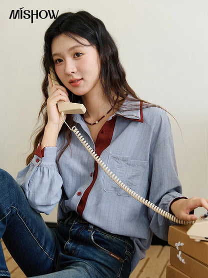 Blue-red contrasting color loose retro top