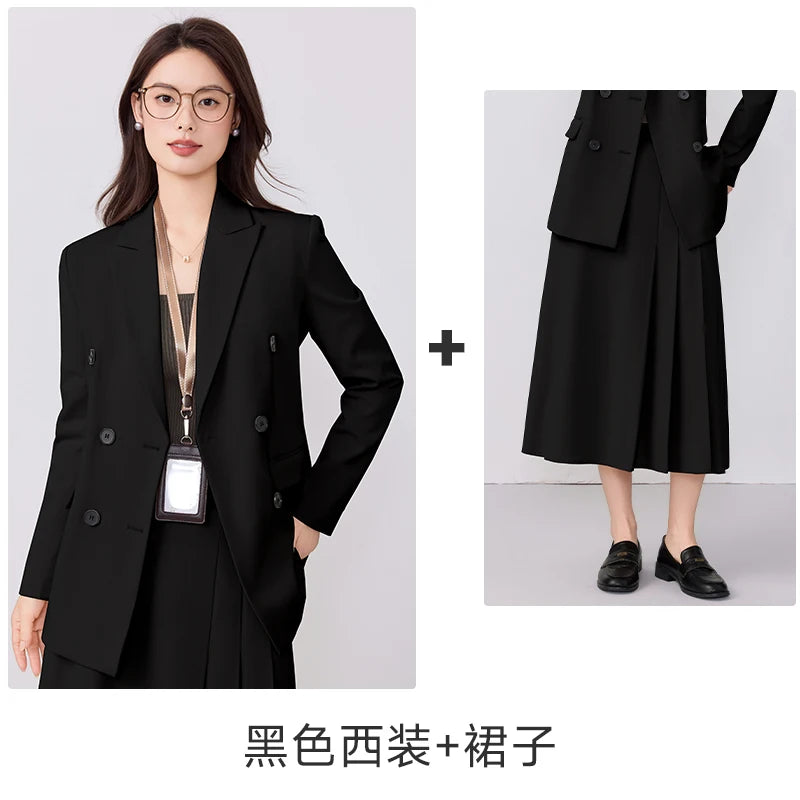 College-style blazer and pleated skirt outfit