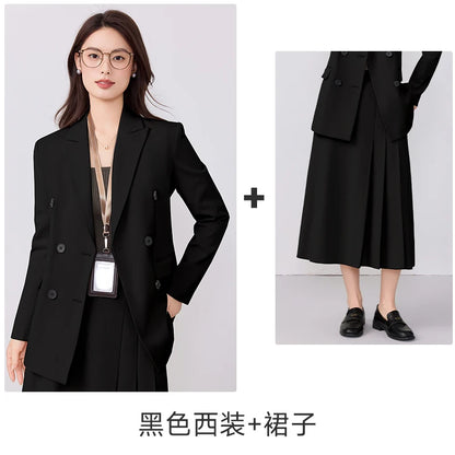 College-style blazer and pleated skirt outfit