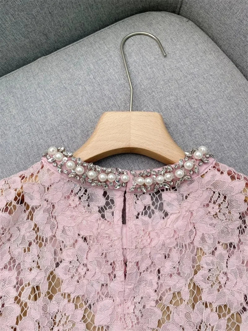 Flower lace hollow-out short sleeve top pearl-embellished