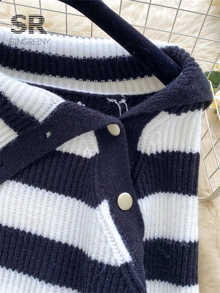 Chic stripe off-shoulder sweater with buttons