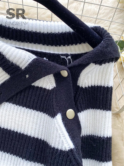 Chic stripe off-shoulder sweater with buttons