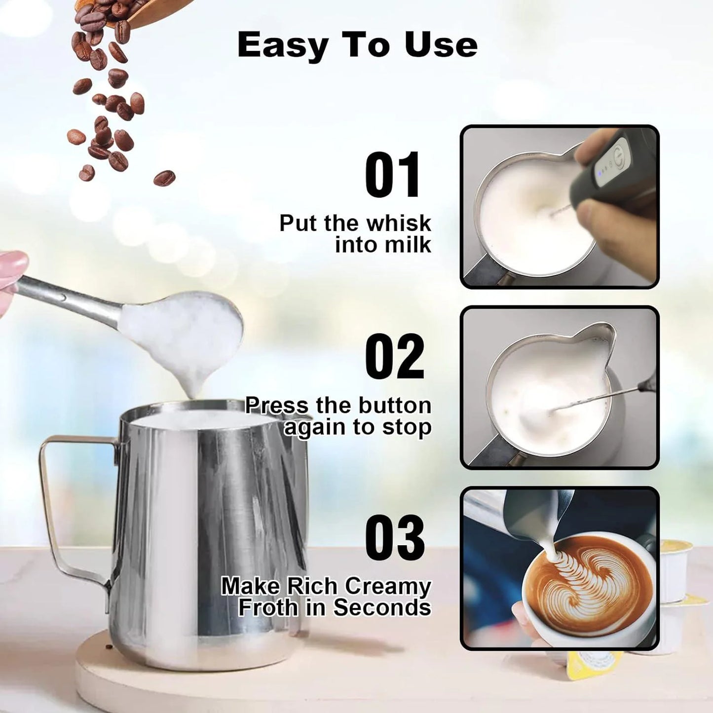 Portable milk frother and eggbeater with rechargeable design