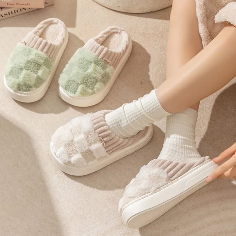 Fashion Couple Winter Slides – Warm Plaid Fluffy Slippers for Home