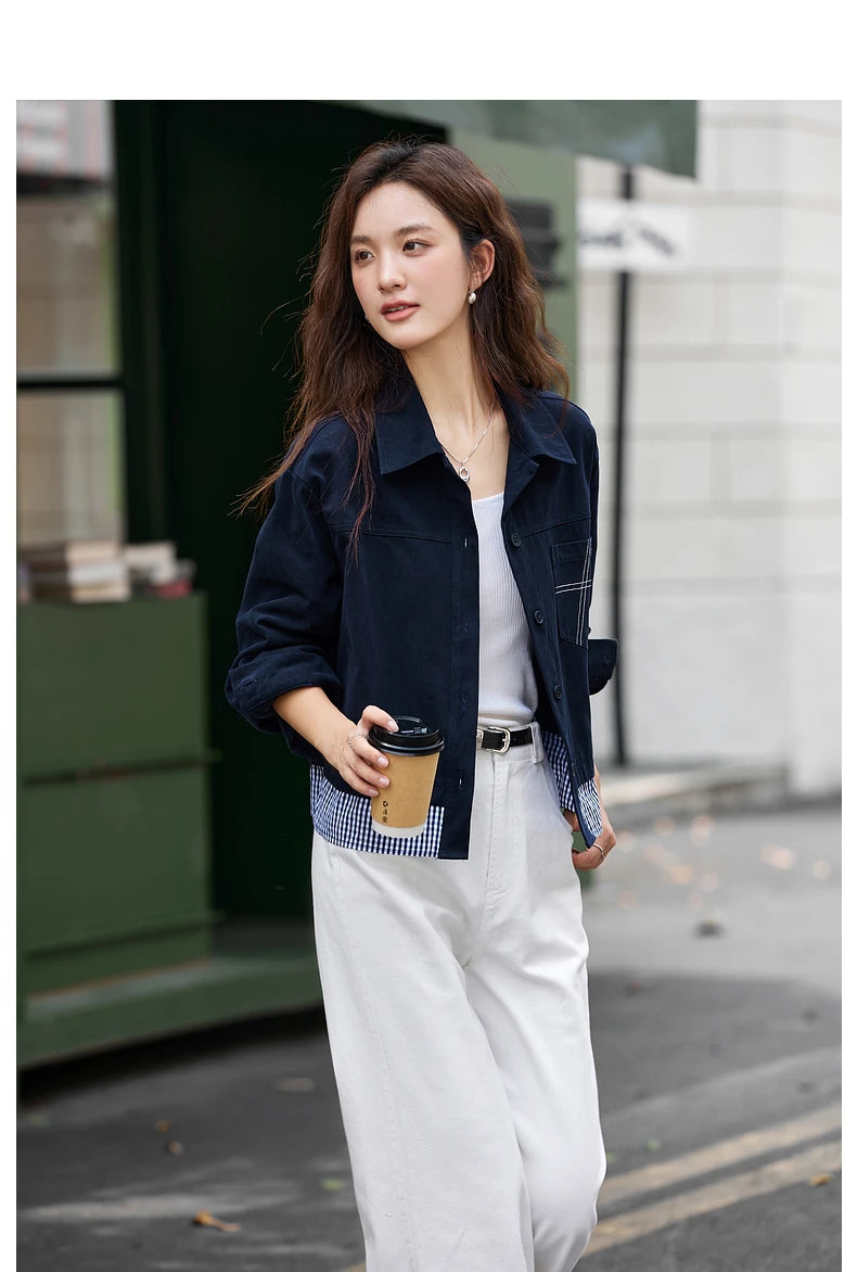 Turn-down collar long-sleeve outerwear for ladies