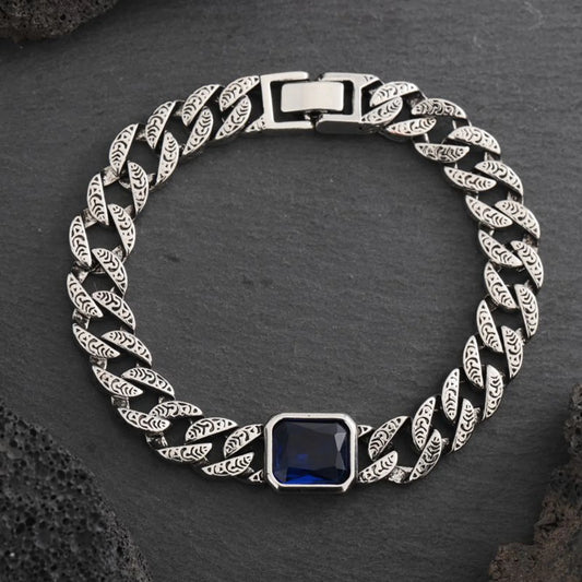 Men’s chunky Cuban chain bracelet with blue stone