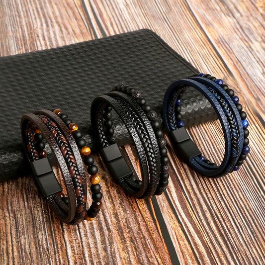 Men’s multi-layer leather bracelet with tiger eye beads