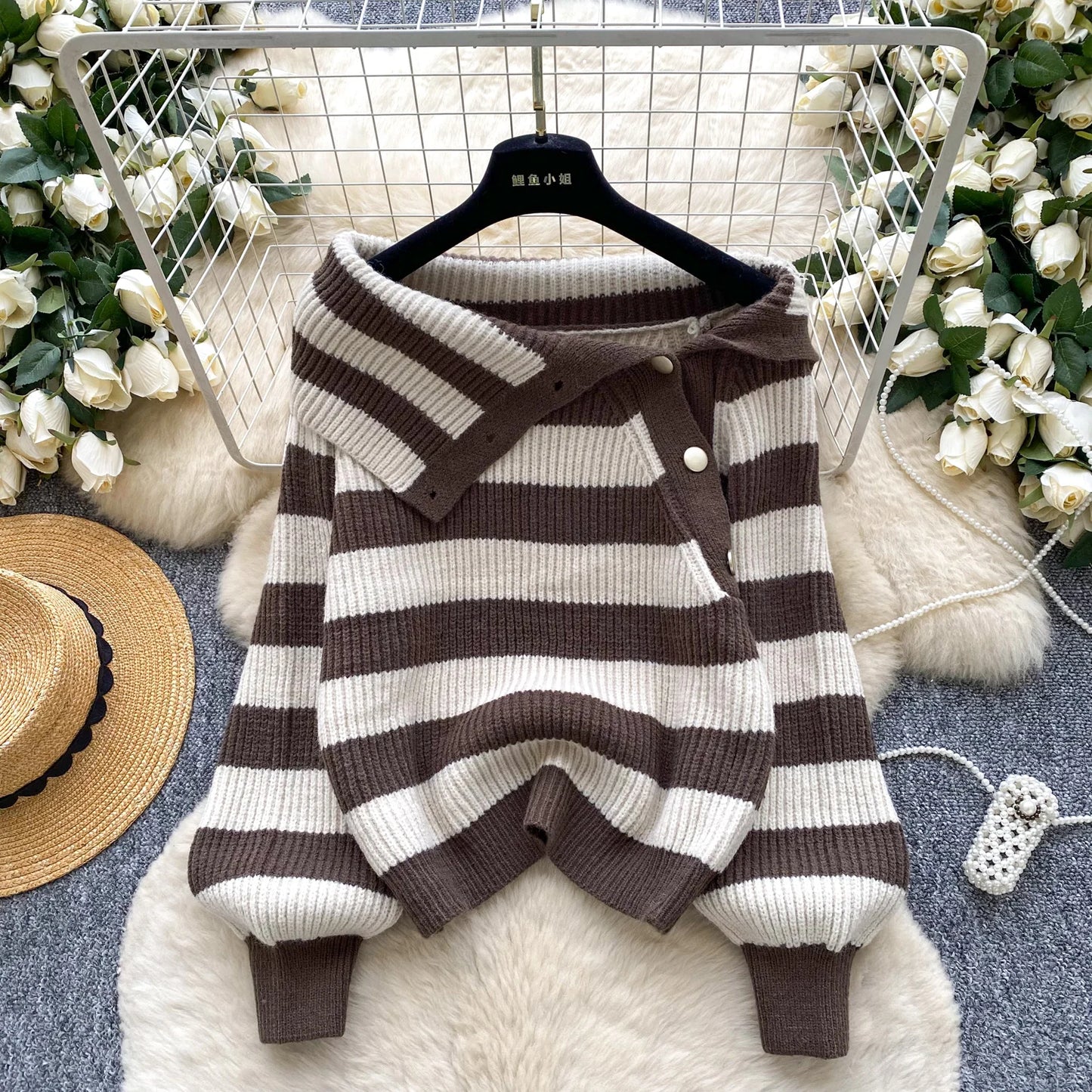 Chic stripe off-shoulder sweater with buttons