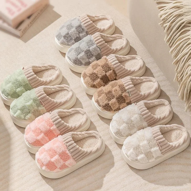 Fashion Couple Winter Slides – Warm Plaid Fluffy Slippers for Home