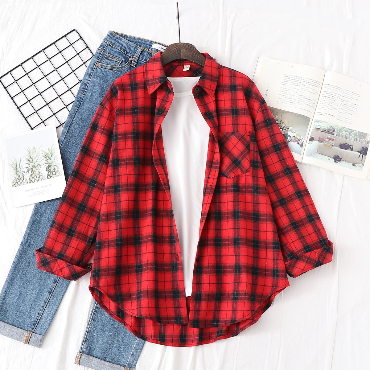 Women’s loose plaid shirt long-sleeve casual checked blouse