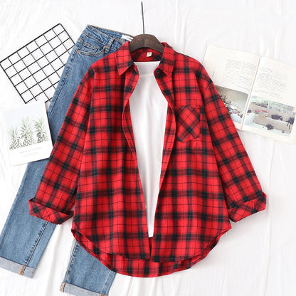 Women’s loose plaid shirt long-sleeve casual checked blouse
